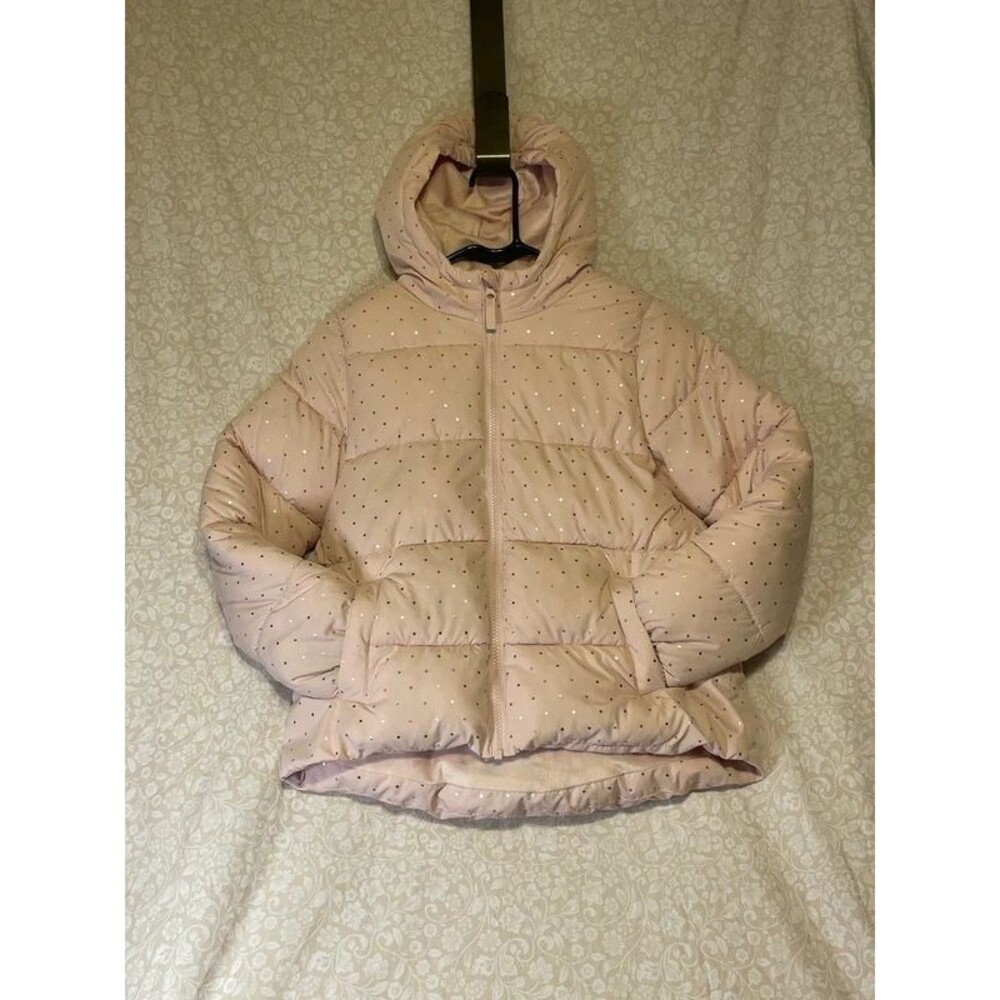 Girls Swiss tech light pink with metallic polka dots puffer jacket
